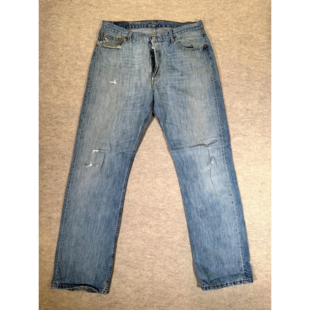 Levis 501 Jeans Mens 36x34 Blue Distressed Denim Cotton Button Fly Straight Leg